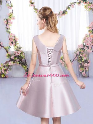 Amazing Baby Pink Satin Lace Up V-neck Sleeveless Mini Length Wedding Guest Dresses Bowknot