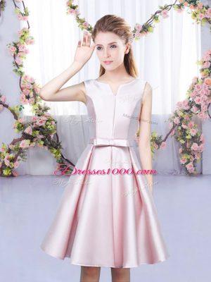 Amazing Baby Pink Satin Lace Up V-neck Sleeveless Mini Length Wedding Guest Dresses Bowknot