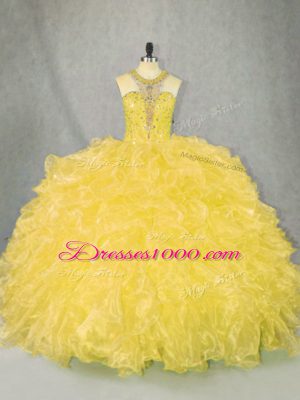 Artistic Scoop Sleeveless Ball Gown Prom Dress Floor Length Beading and Ruffles Gold Organza