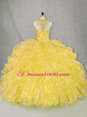 Artistic Scoop Sleeveless Ball Gown Prom Dress Floor Length Beading and Ruffles Gold Organza