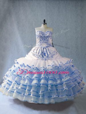 Sleeveless Organza Floor Length Lace Up Quince Ball Gowns in Blue And White with Embroidery and Ruffled Layers