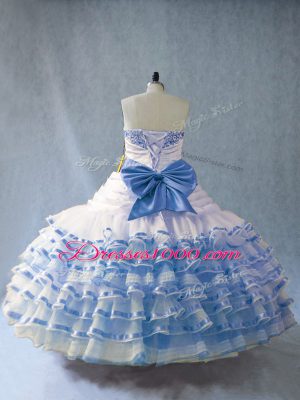 Sleeveless Organza Floor Length Lace Up Quince Ball Gowns in Blue And White with Embroidery and Ruffled Layers