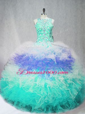 Super Multi-color Scoop Neckline Beading and Ruffles Quince Ball Gowns Sleeveless Zipper