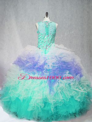 Super Multi-color Scoop Neckline Beading and Ruffles Quince Ball Gowns Sleeveless Zipper