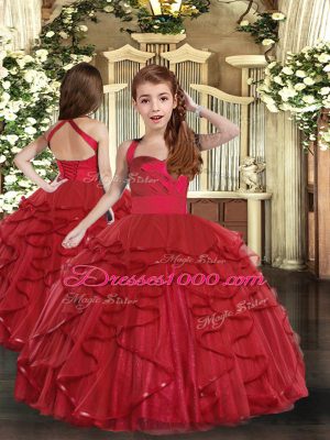 Dramatic Red Kids Pageant Dress Party and Wedding Party with Ruffles Straps Sleeveless Lace Up