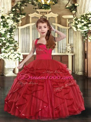 Dramatic Red Kids Pageant Dress Party and Wedding Party with Ruffles Straps Sleeveless Lace Up
