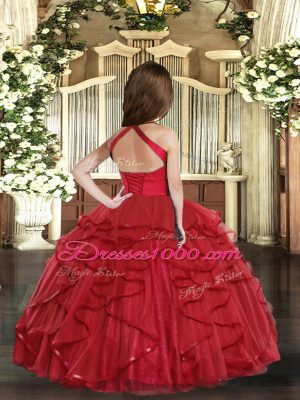Dramatic Red Kids Pageant Dress Party and Wedding Party with Ruffles Straps Sleeveless Lace Up