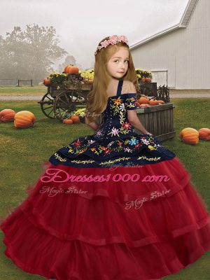 Fuchsia Ball Gowns Embroidery and Ruffled Layers Little Girl Pageant Gowns Lace Up Tulle Sleeveless Floor Length
