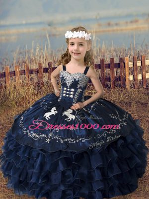 Customized Navy Blue Sleeveless Embroidery and Ruffles Floor Length 15 Quinceanera Dress