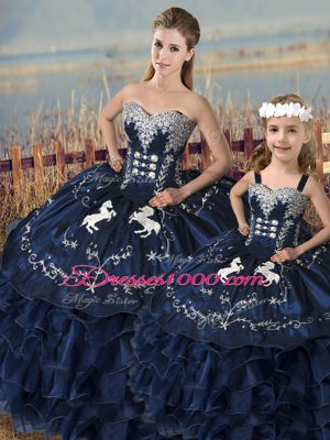 Customized Navy Blue Sleeveless Embroidery and Ruffles Floor Length 15 Quinceanera Dress