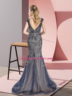 Romantic Sleeveless Tulle Sweep Train Zipper Evening Gowns in Teal with Beading