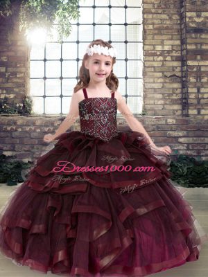 Excellent Burgundy Tulle Lace Up Straps Sleeveless Floor Length Girls Pageant Dresses Beading and Ruffles