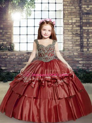Excellent Red Taffeta Lace Up Kids Pageant Dress Sleeveless Floor Length Beading