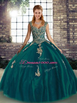 Floor Length Peacock Green Quinceanera Gowns Straps Sleeveless Lace Up