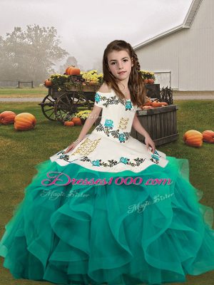 Inexpensive Sleeveless Tulle Floor Length Lace Up Party Dresses in Teal with Embroidery