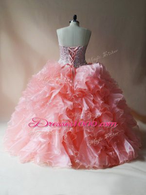 Perfect Sleeveless Lace Up Floor Length Beading and Ruffles Ball Gown Prom Dress