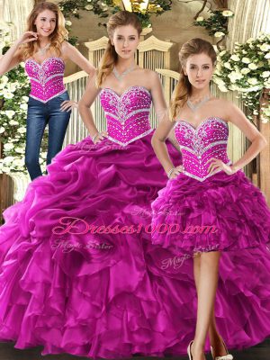 Chic Organza Sweetheart Sleeveless Lace Up Beading and Ruffles Quinceanera Dress in Fuchsia