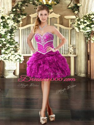 Chic Organza Sweetheart Sleeveless Lace Up Beading and Ruffles Quinceanera Dress in Fuchsia