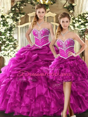 Chic Organza Sweetheart Sleeveless Lace Up Beading and Ruffles Quinceanera Dress in Fuchsia