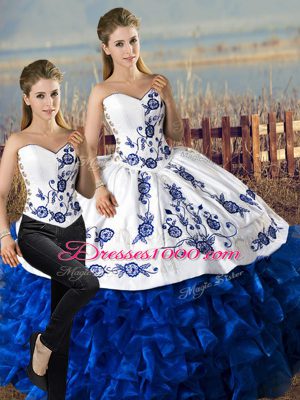 Floor Length Lace Up Sweet 16 Dresses Blue And White for Sweet 16 and Quinceanera with Embroidery and Ruffles