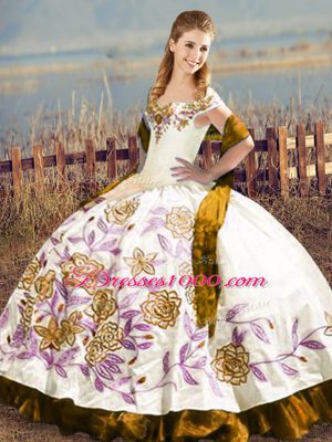 Brown Ball Gowns Off The Shoulder Sleeveless Satin Floor Length Lace Up Embroidery and Ruffles Vestidos de Quinceanera