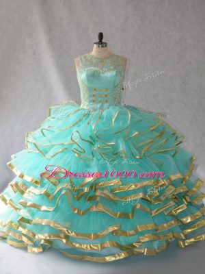 Floor Length Aqua Blue Quinceanera Gowns Organza Sleeveless Beading and Embroidery and Ruffles and Ruffled Layers
