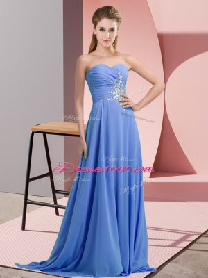 Sweetheart Sleeveless Prom Dresses Floor Length Beading and Ruching Blue Chiffon