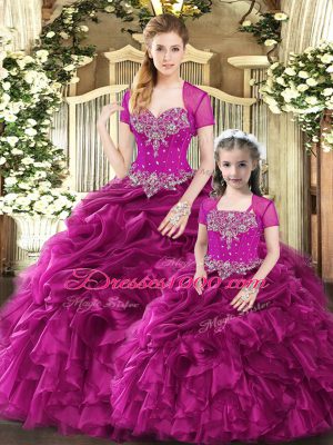 Sweetheart Sleeveless Lace Up Quinceanera Dresses Fuchsia Organza