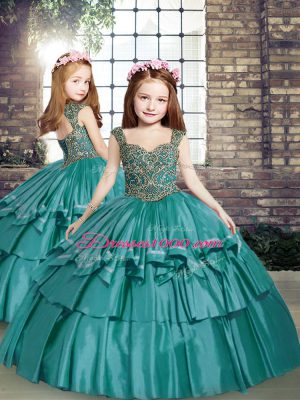 Teal Lace Up Straps Beading Pageant Gowns For Girls Taffeta Sleeveless