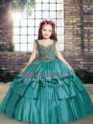 Teal Lace Up Straps Beading Pageant Gowns For Girls Taffeta Sleeveless