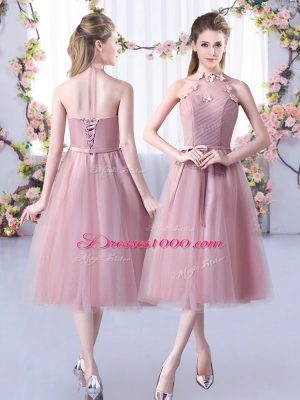 Cheap Tea Length Pink Dama Dress Halter Top Sleeveless Lace Up