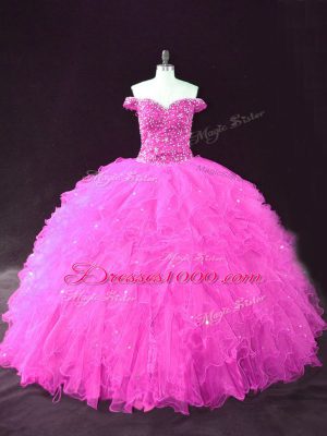 Unique Fuchsia Sleeveless Tulle Lace Up Sweet 16 Quinceanera Dress for Sweet 16 and Quinceanera