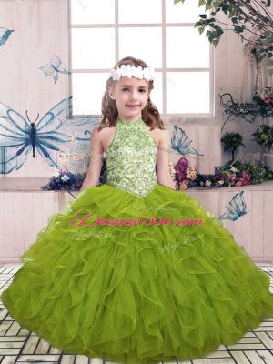 Excellent Olive Green Ball Gowns High-neck Sleeveless Tulle Floor Length Lace Up Beading and Ruffles Little Girls Pageant Dress