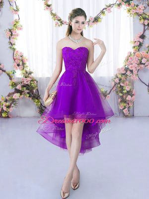 Glamorous High Low Eggplant Purple Dama Dress for Quinceanera Sweetheart Sleeveless Lace Up