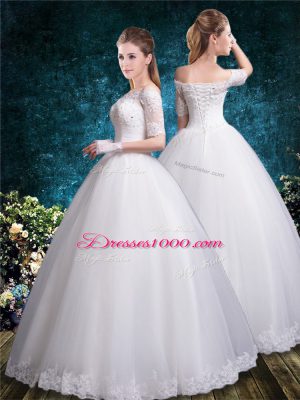 Lace Wedding Gown White Lace Up Half Sleeves Floor Length