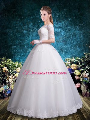 Lace Wedding Gown White Lace Up Half Sleeves Floor Length