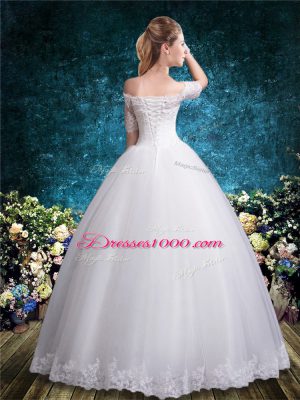 Lace Wedding Gown White Lace Up Half Sleeves Floor Length