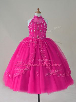 Modern High-neck Sleeveless Lace Up Party Dress for Girls Fuchsia Tulle