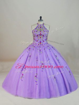 Lavender Ball Gowns Beading and Embroidery Ball Gown Prom Dress Lace Up Tulle Sleeveless