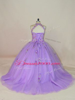 Lavender Ball Gowns Beading and Embroidery Ball Gown Prom Dress Lace Up Tulle Sleeveless