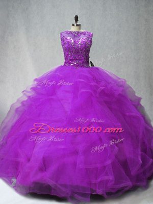 Purple Sleeveless Tulle Brush Train Lace Up Sweet 16 Dress for Sweet 16 and Quinceanera