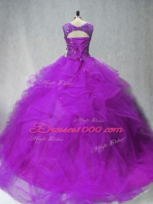 Purple Sleeveless Tulle Brush Train Lace Up Sweet 16 Dress for Sweet 16 and Quinceanera