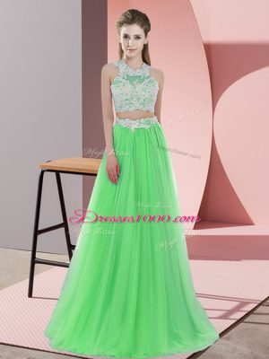 Luxury Green Two Pieces Tulle Halter Top Sleeveless Lace Floor Length Zipper Bridesmaids Dress