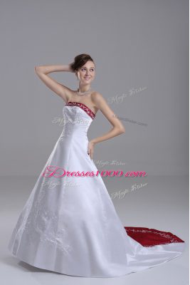 Strapless Sleeveless Brush Train Lace Up Bridal Gown White Satin