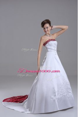 Strapless Sleeveless Brush Train Lace Up Bridal Gown White Satin