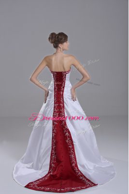 Strapless Sleeveless Brush Train Lace Up Bridal Gown White Satin