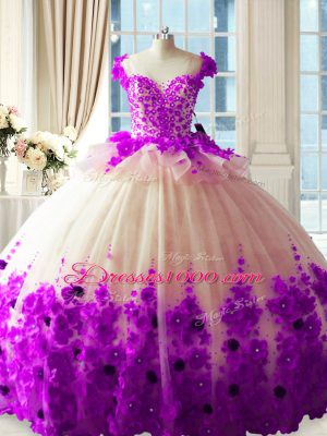 Simple White And Purple Sleeveless Brush Train Hand Made Flower Quinceanera Gown