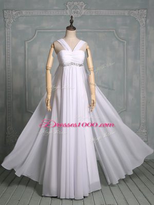 Hot Selling White Straps Neckline Beading and Ruching Evening Wear Sleeveless Zipper