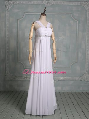 Hot Selling White Straps Neckline Beading and Ruching Evening Wear Sleeveless Zipper