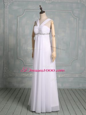 Hot Selling White Straps Neckline Beading and Ruching Evening Wear Sleeveless Zipper